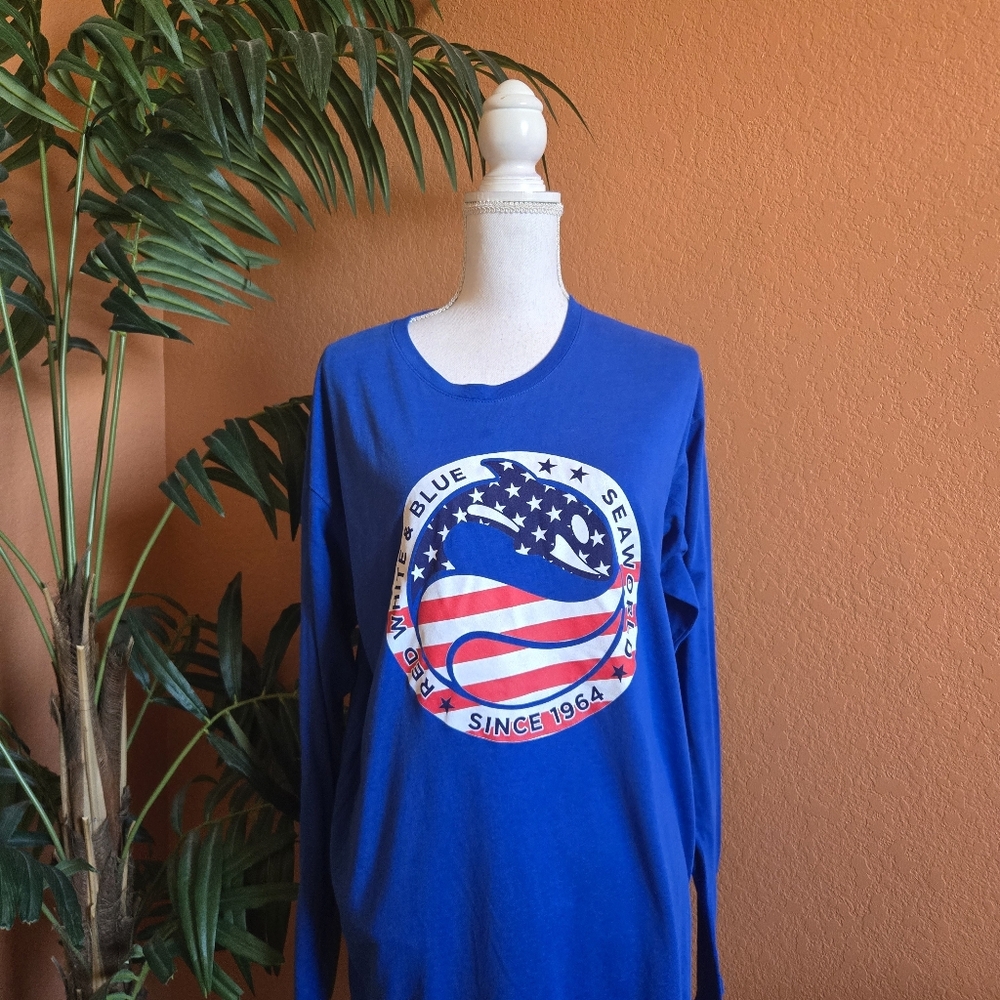 3/$25 SeaWorld Americana Long Sleeve Tee Shirt Unisex XL Blue Red White Shamu